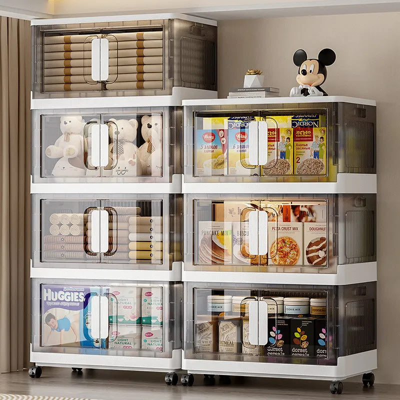 A foldable white PP plastic storage locker with wheels and multiple adjustable internal shelves.