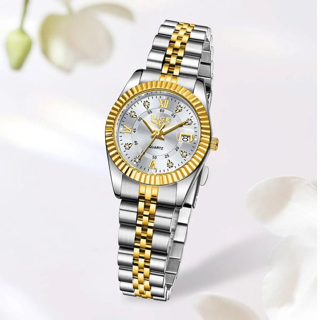 Women's quartz fashion watch in gold and silver colour options with 10mm thickness