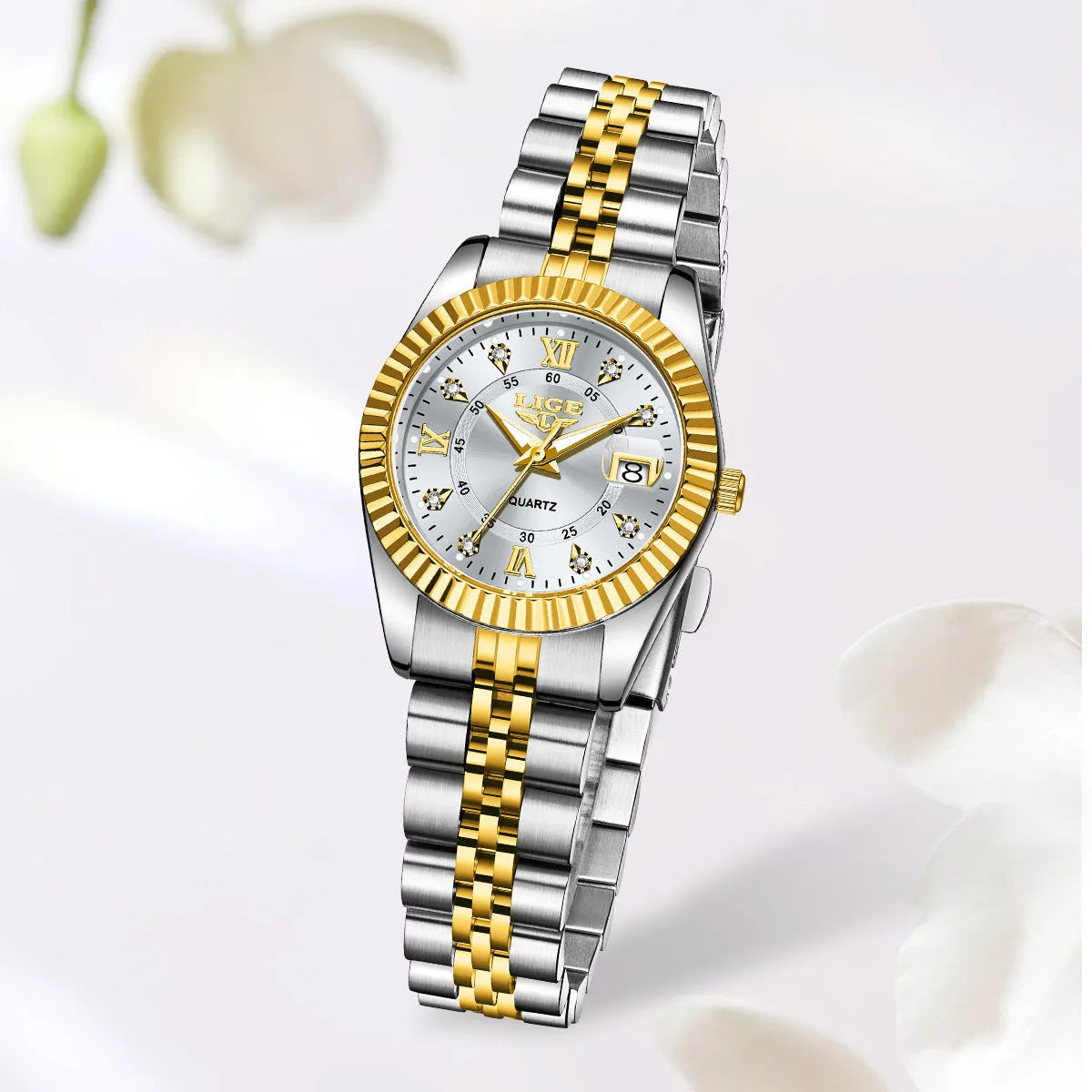 Women's quartz fashion watch in gold and silver colour options with 10mm thickness