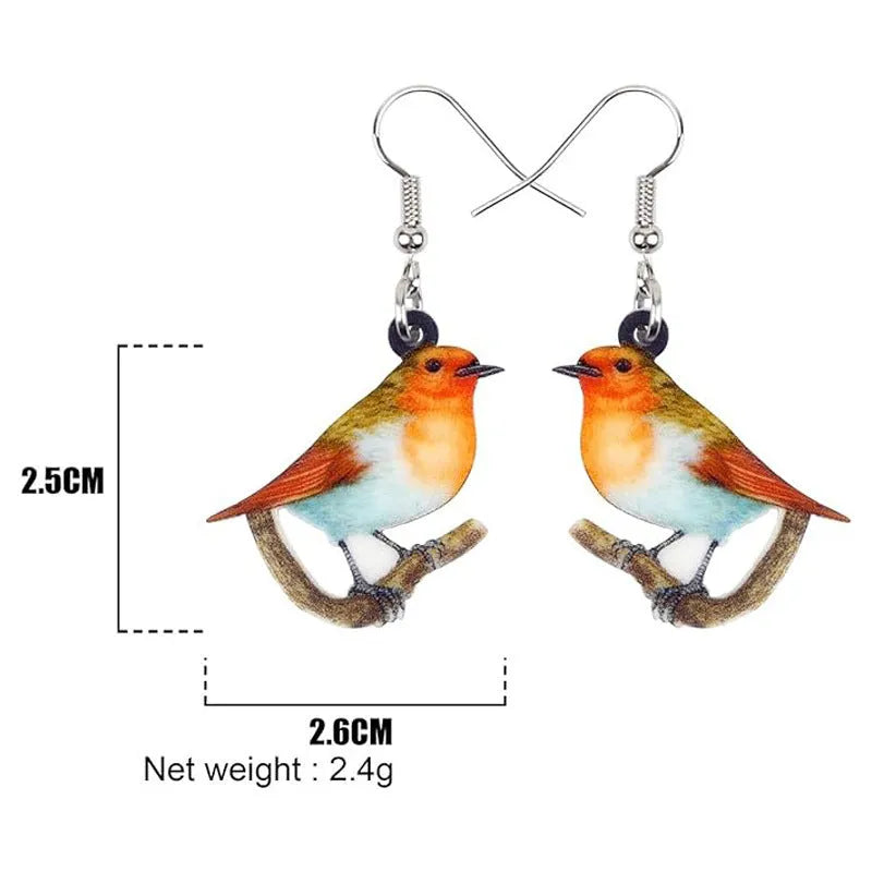 Blue titmouse bird pendant acrylic earrings with geometric drop design and snake chain links
