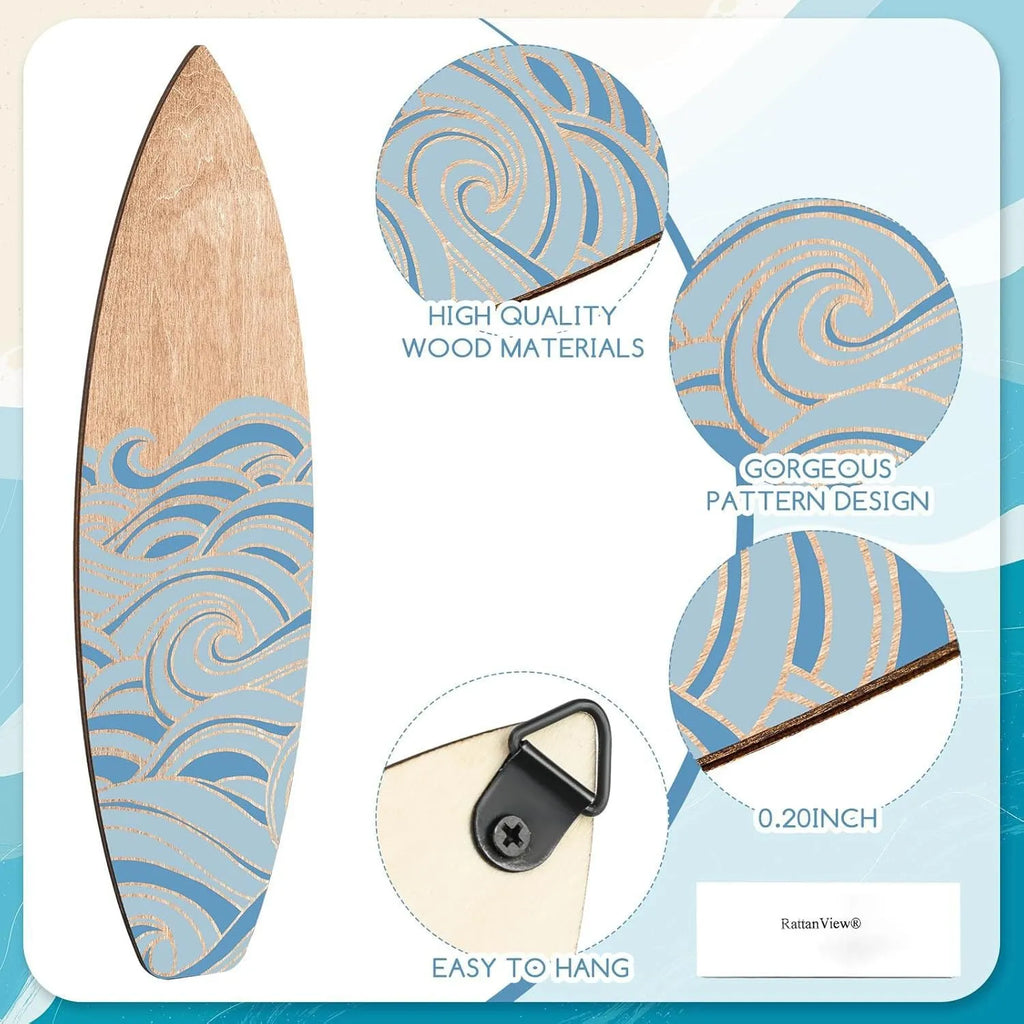 Set of three identical wooden surfboard-shaped wall decorations on a white background.