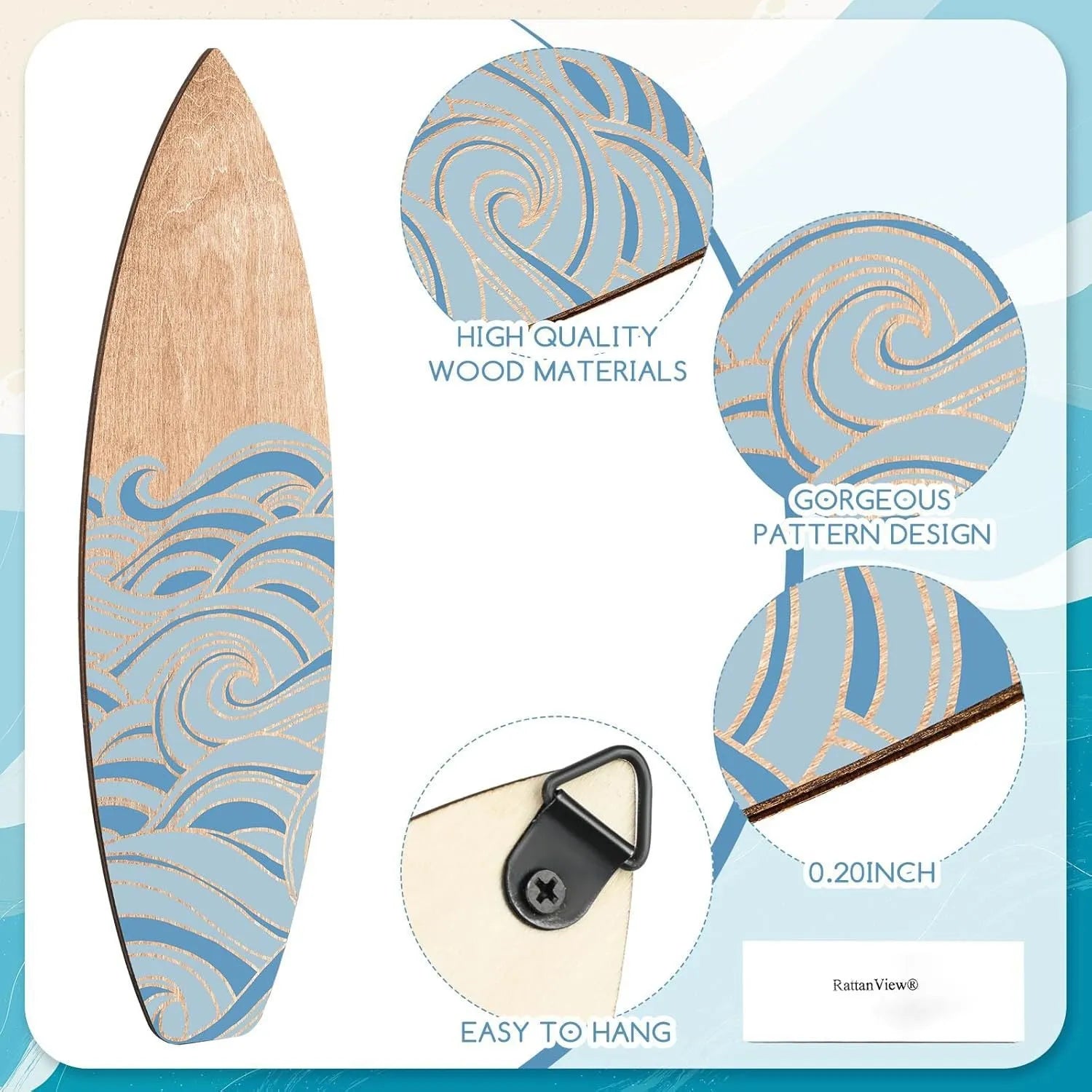 Set of three identical wooden surfboard-shaped wall decorations on a white background.