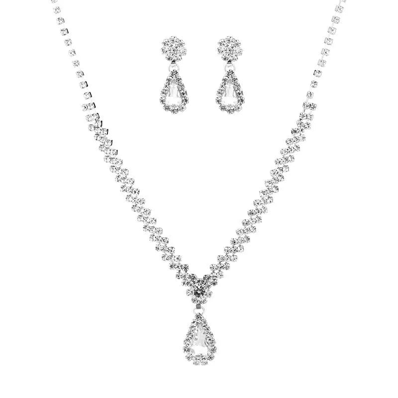 Women's claw chain necklace and earrings set with water drop rhinestones in multiple colour options