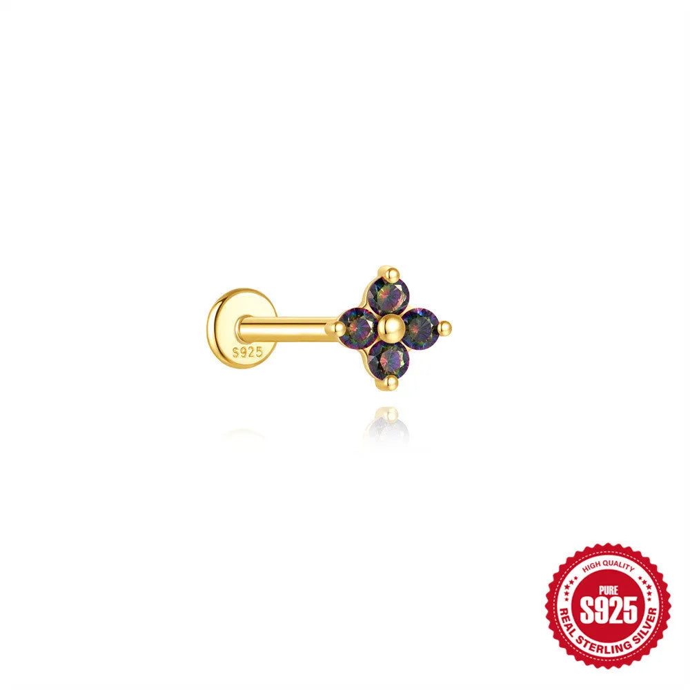 S925 sterling silver thread piercing earring with super shiny rainbow stone flat head in single gold colour.