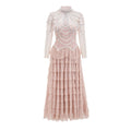 Women's black polyester dress with long sleeves, decorative beadwork, and mid waist design