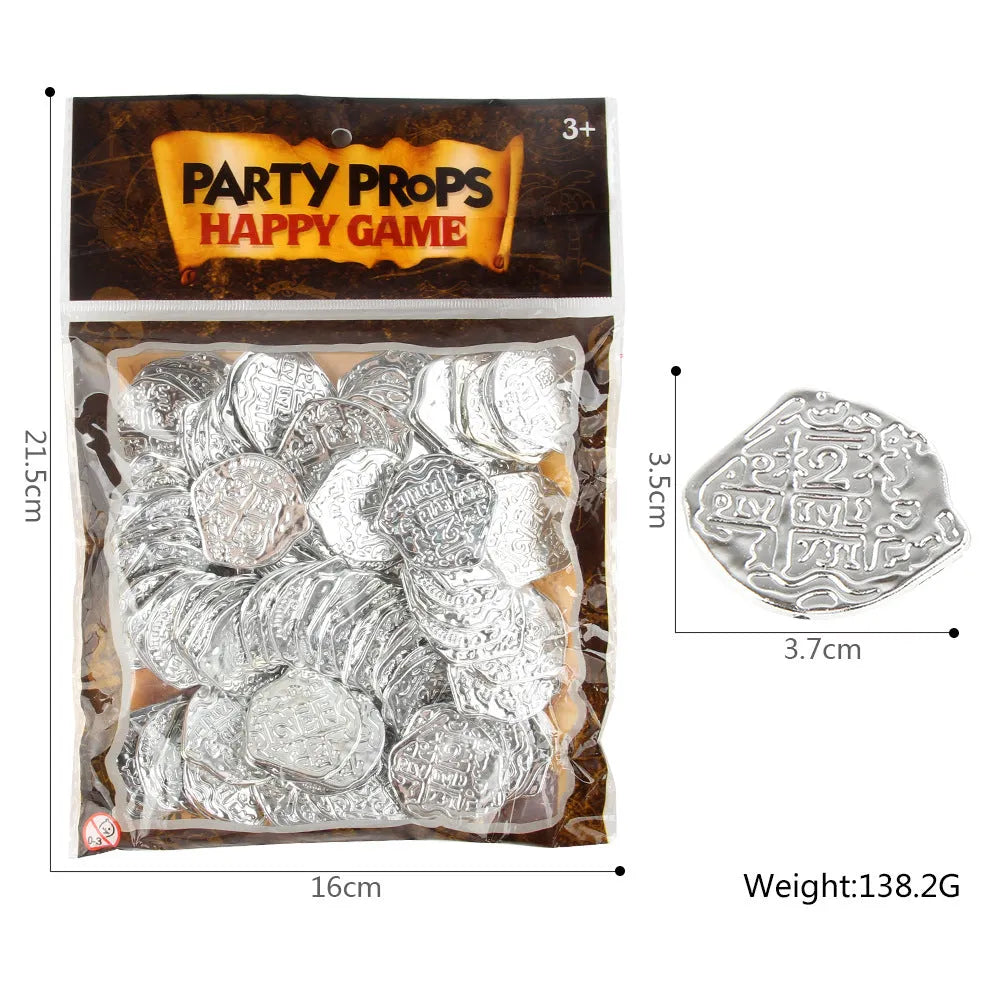 Three piles of Roman pirate coins showing bronze, gold and silver electroplated finishes on plastic bases