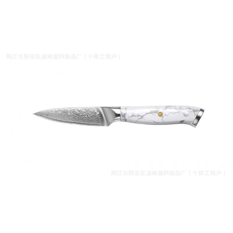 Damascus pattern chef's knife with 21cm VG10 steel blade and dark handle on a wooden surface.