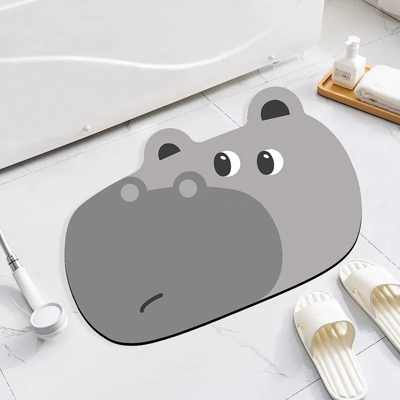Diatomaceous earth bathroom mat with cartoon animal design in alien shape, non-slip absorbent surface