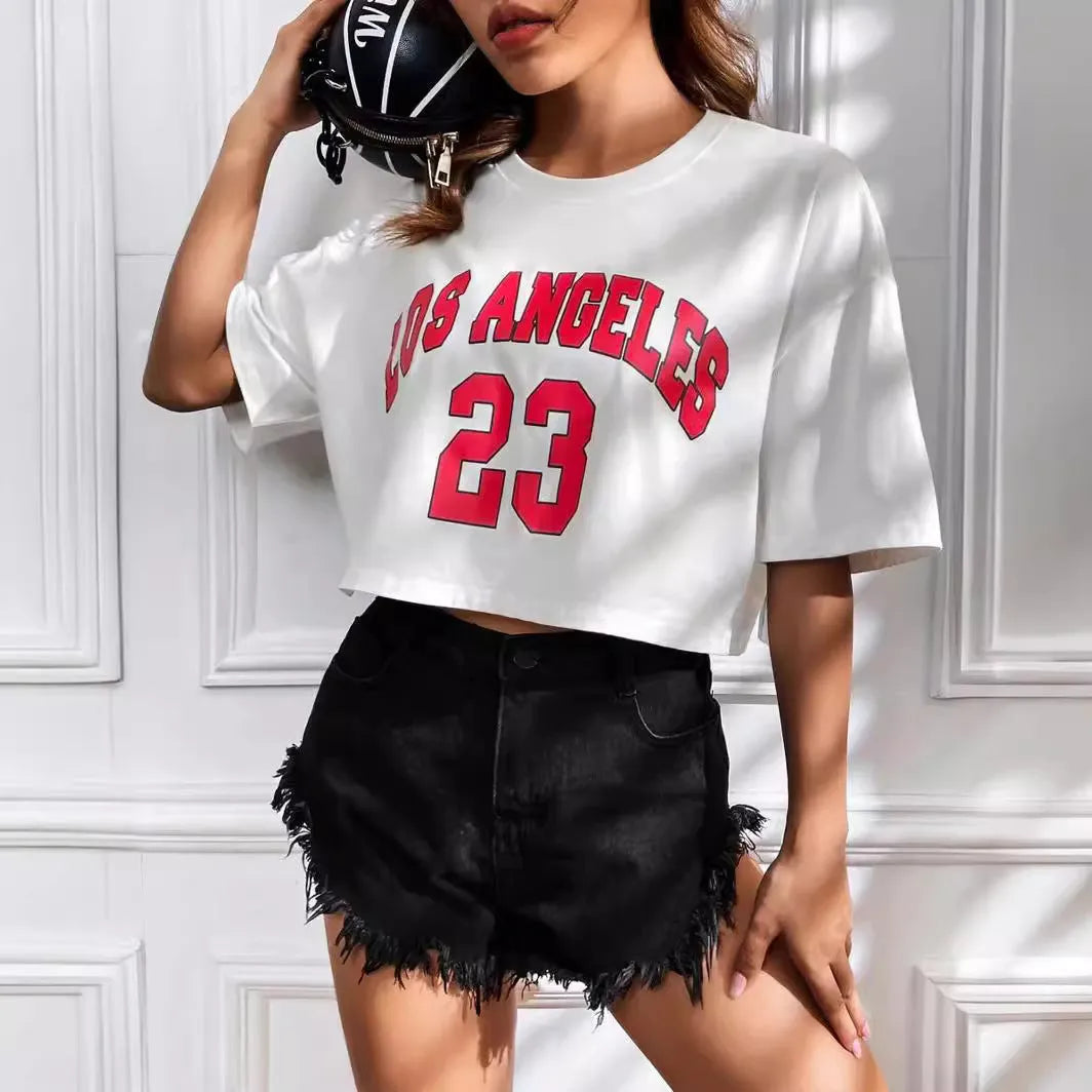 A loose-fit black cotton t-shirt with printed white English letters and an exposed navel design.