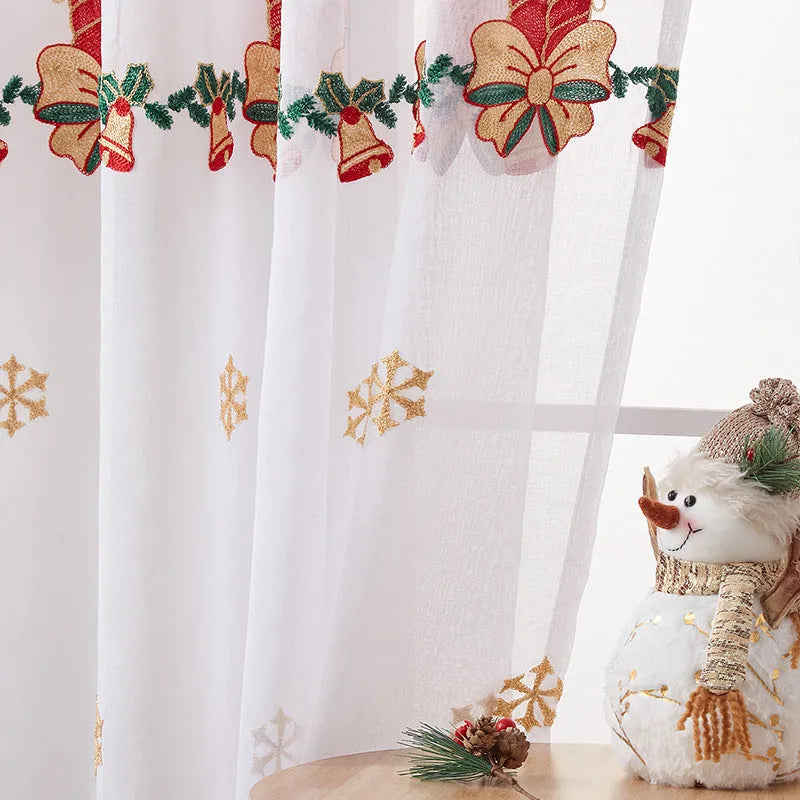 American Christmas curtains with white snowflake embroidery on red polyester fabric hung on window