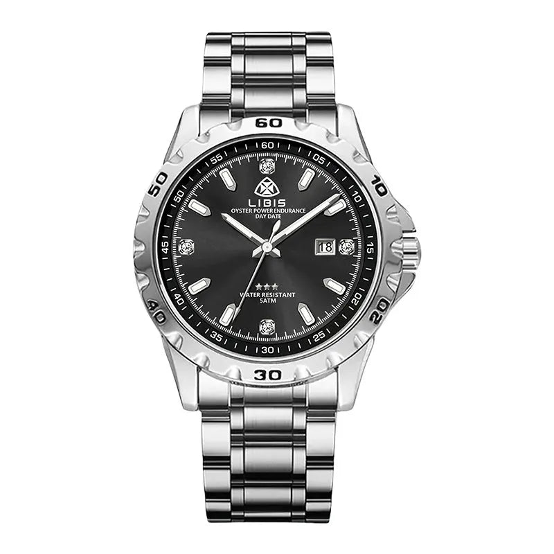 Silver men's business watch with stainless steel strap and luminous hands on black dial