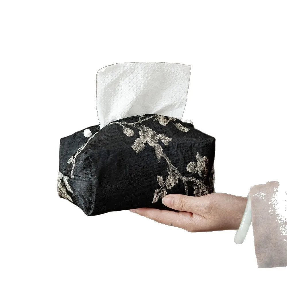Chinese brocade fabric tissue box cover with embroidered white plum design, with and without pearl buckle options