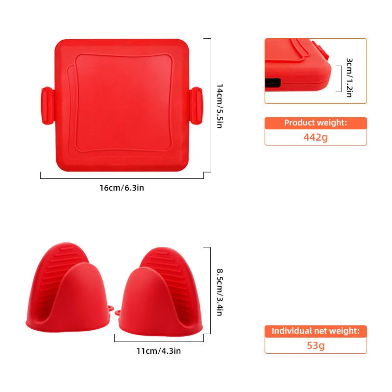 Red silicone handbag baking tray with matching heat-resistant gloves for oven safety