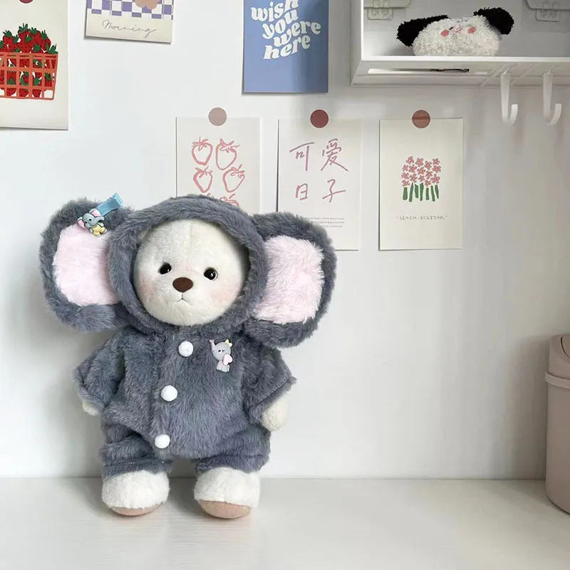 Grey elephant pattern plush jumpsuit for 30cm dolls compatible with Lina Bear clothes