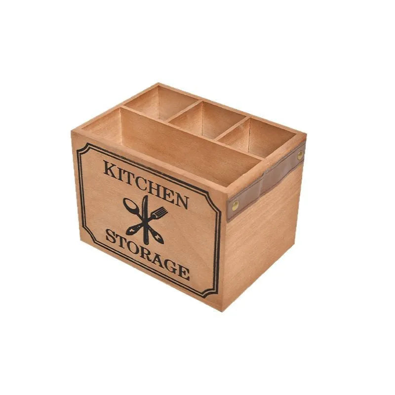 Wooden kitchen storage box with internal grid compartments for organising cutlery and chopsticks