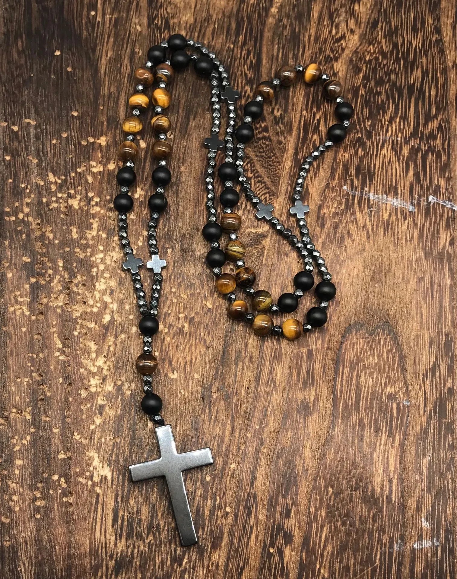 Men's stone cross pendant necklace with hand-woven detail on an 80cm ball bead chain.