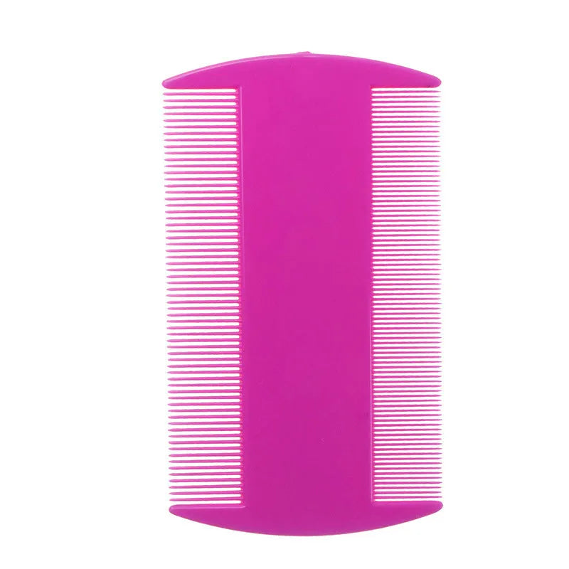 Plastic fine-toothed flea comb in assorted colours showing double-edged design for pet and human grooming