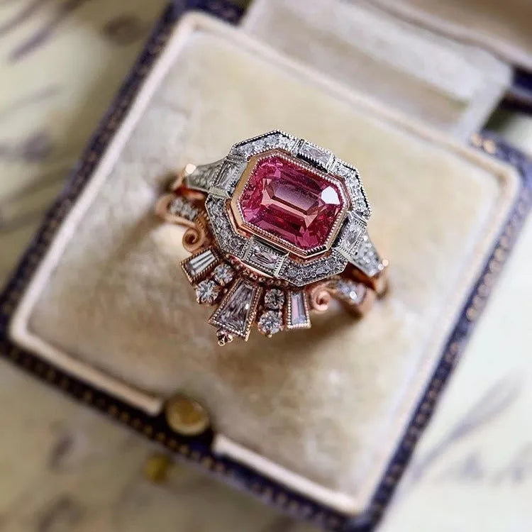 Rose gold colour women's fashion ring with ruby design in European and American retro style