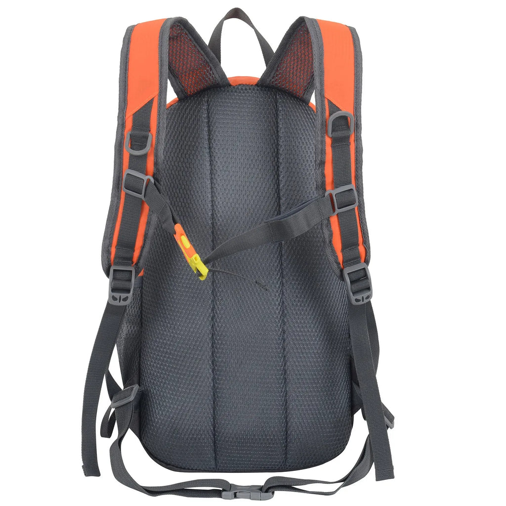 20-litre multi-functional outdoor backpack in Oxford cloth with air pillow belt, shown in various colours.