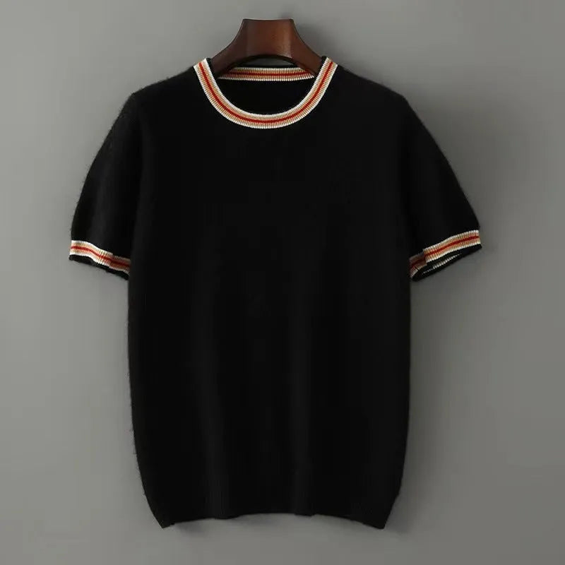 Men's white pure wool short sleeve round neck pullover sweater laid flat