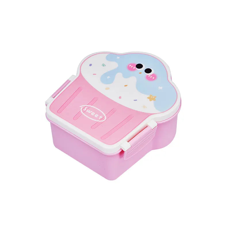 Pink and blue creative ice cream shaped plastic lunch box with compartments, shown with matching spoon and fork.
