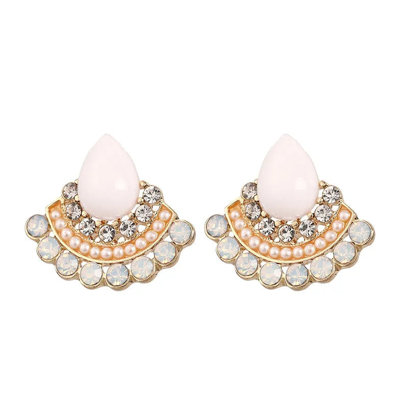 Women's silver retro fan-shaped drop earrings with opal and rhinestone geometric details.