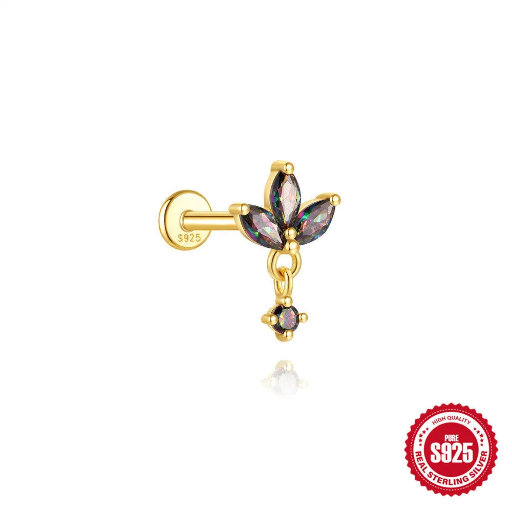 S925 sterling silver thread piercing earring with super shiny rainbow stone flat head in single gold colour.