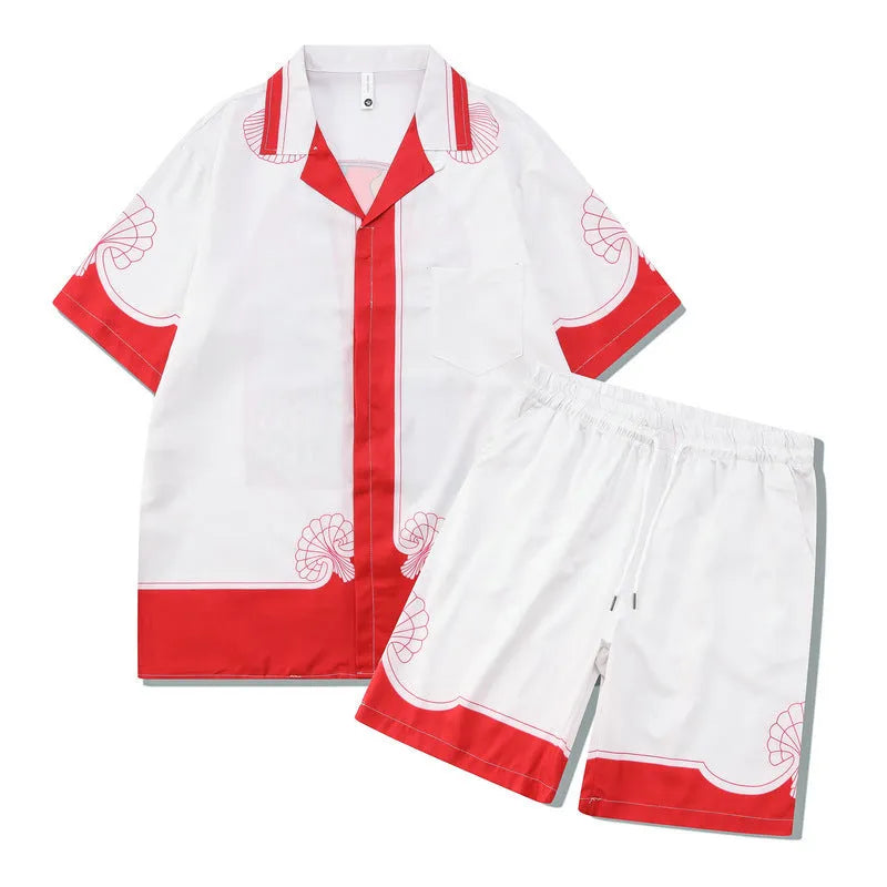 Men's plaid print short sleeve shirt and matching trousers, a two-piece casual beach outfit set.