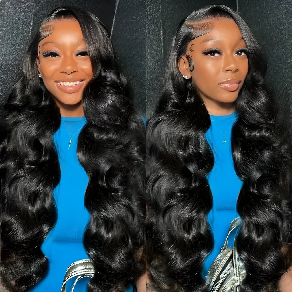 A black long wig with big waves and a lace front hairline, displayed on a mannequin head.