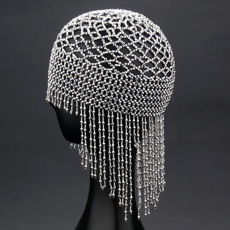 Belly dance headwear hair ornament with beaded alloy construction and long tassels