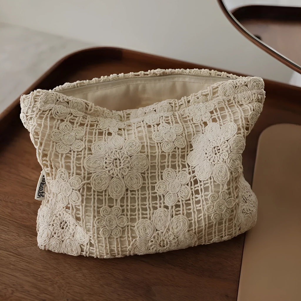 Handmade corduroy cosmetic bag with crocheted hollow flower pattern and ethnic embroidery in rope colour