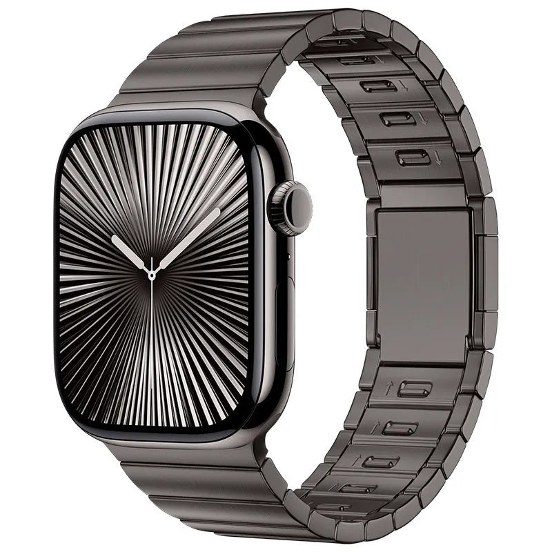 Silver magnetic buckle stainless steel strap for Apple Watch on a wrist
