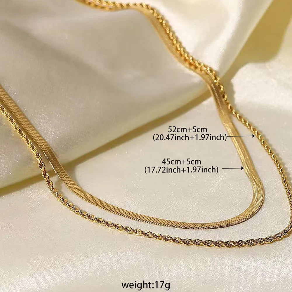 Geometric double-layer twist necklace with adjustable stainless steel snake bones chain