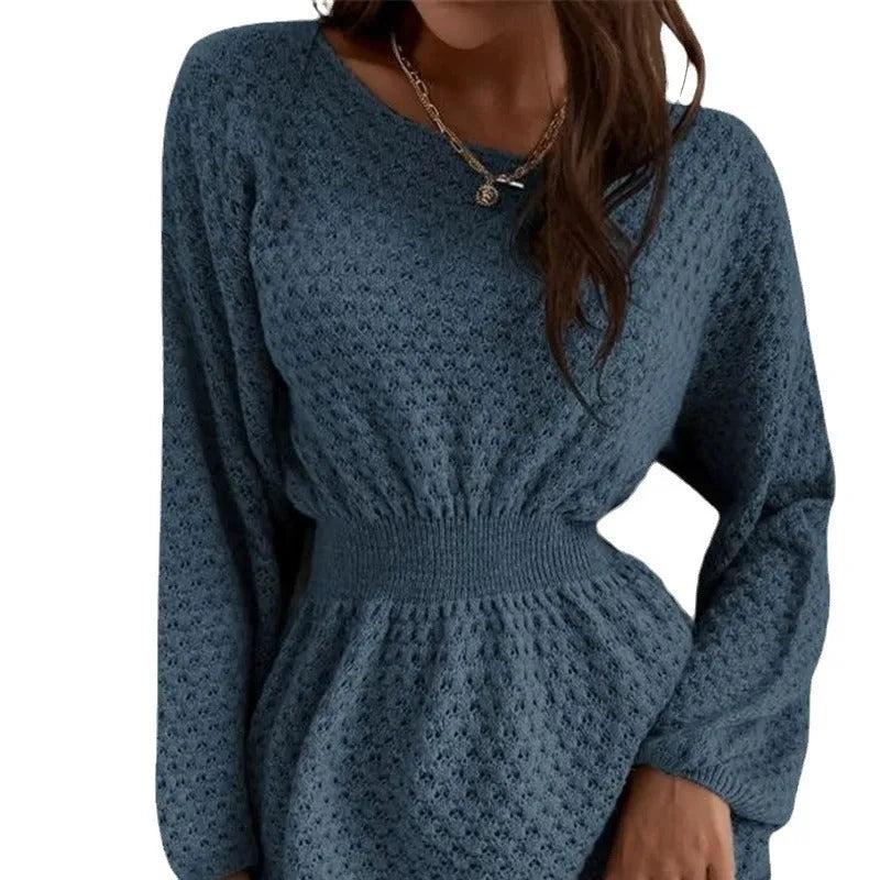 Blue slim-fit women's knitted dress with hand-crocheted flower detail on the front.