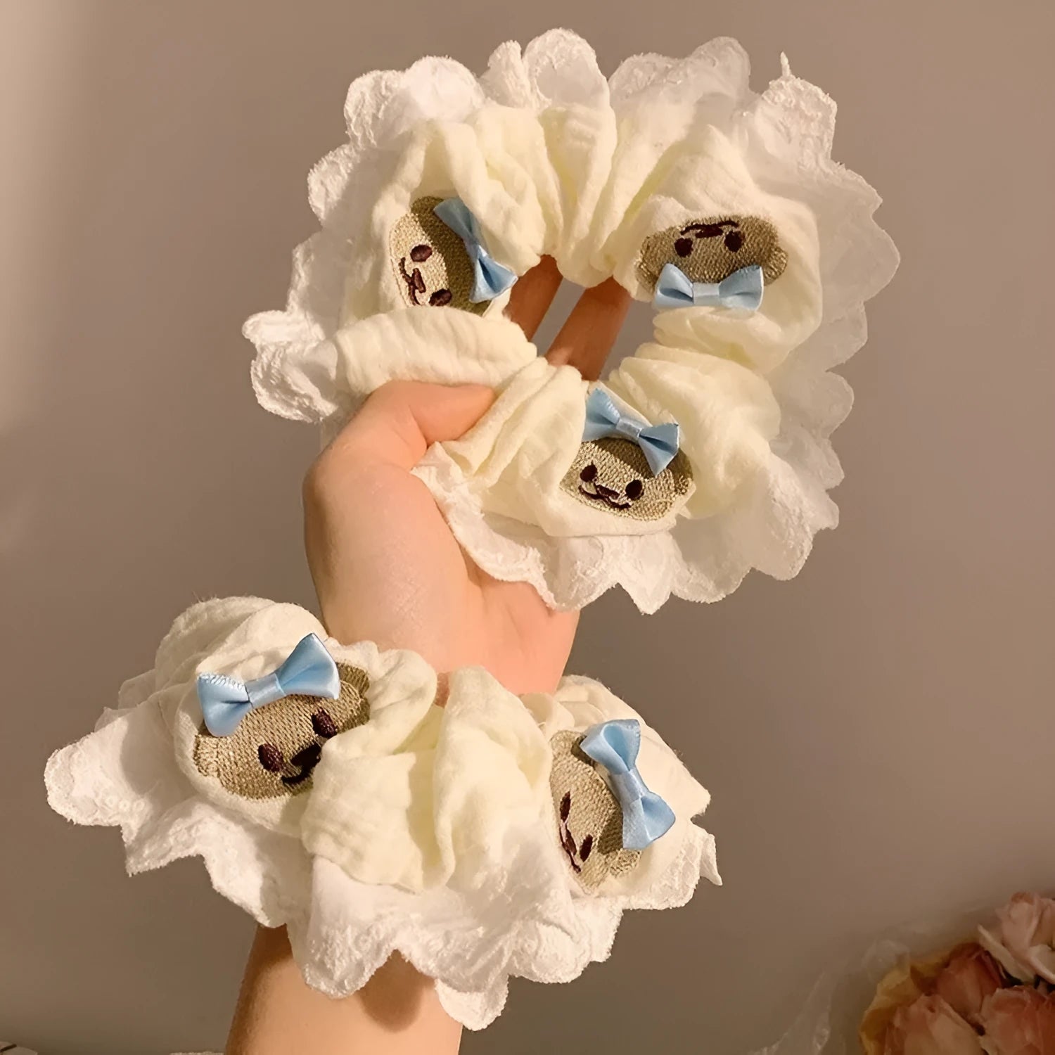 Bear blue bow lace large intestine hair ring made from cloth fabric with high elasticity