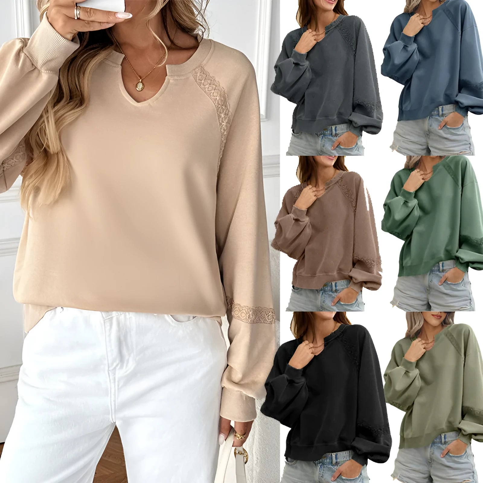 Women's loose long sleeve sweater with half-open lace collar in solid colour.
