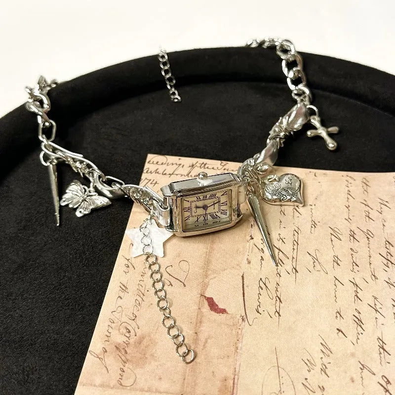 Dark multi-layer cross necklace with twin clavicle chains and adjustable 41-50cm chain