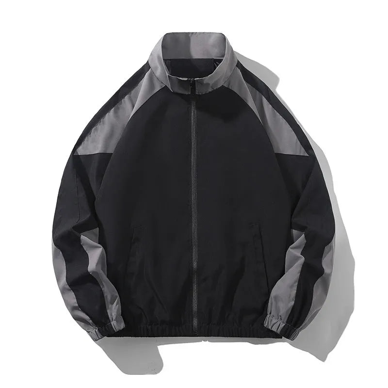 Men's black casual polyester jacket with contrast stitching and side seam pockets.