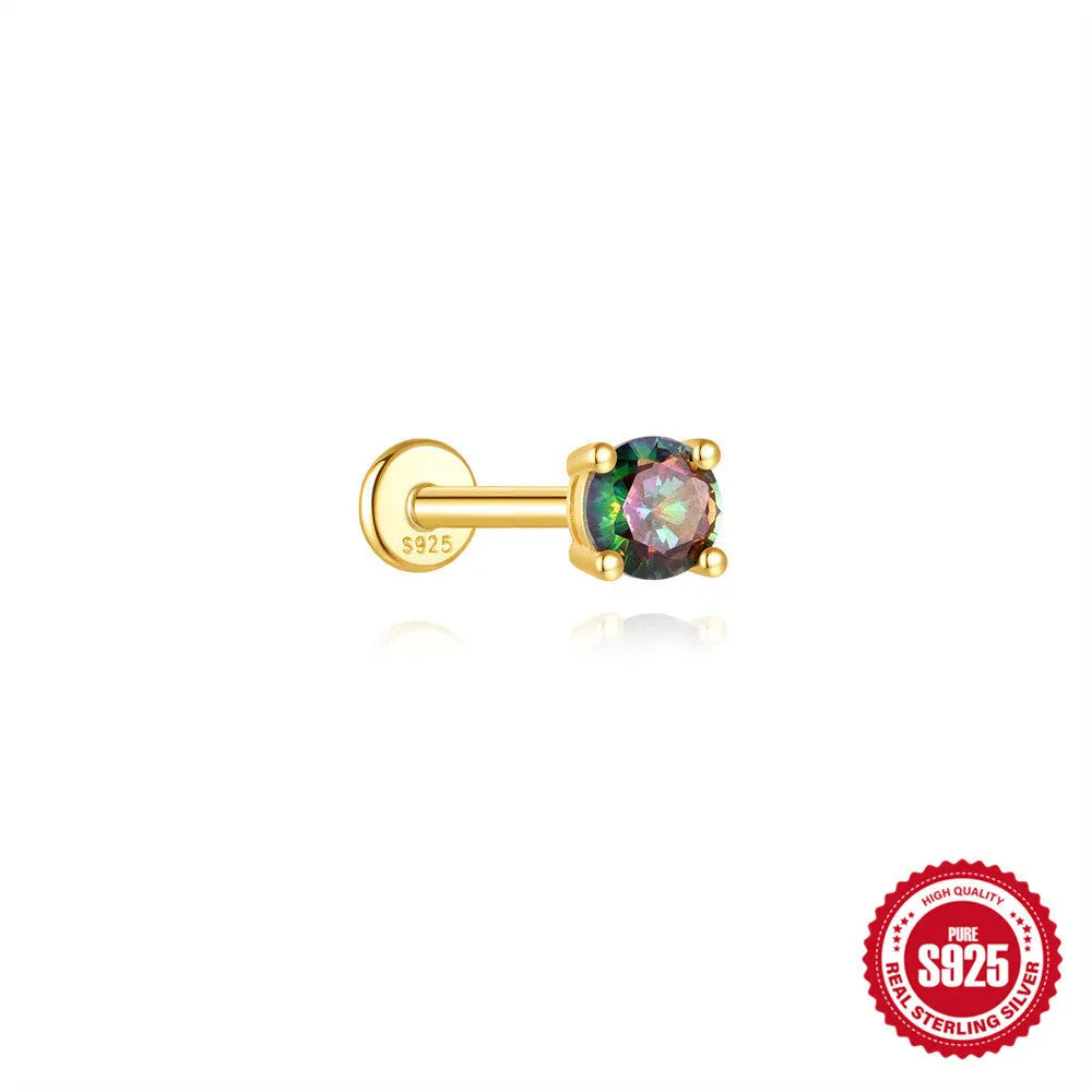 S925 sterling silver thread piercing earring with super shiny rainbow stone flat head in single gold colour.