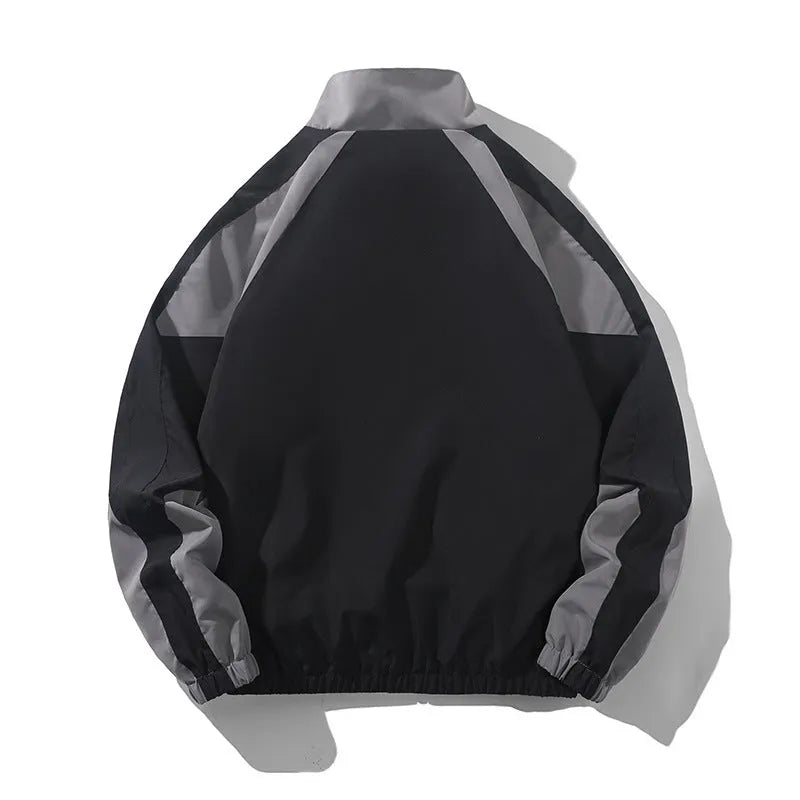 Men's black casual polyester jacket with contrast stitching and side seam pockets.