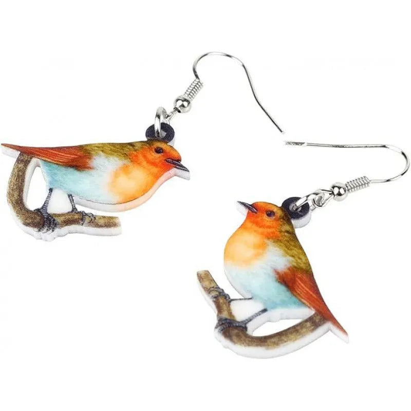 Blue titmouse bird pendant acrylic earrings with geometric drop design and snake chain links