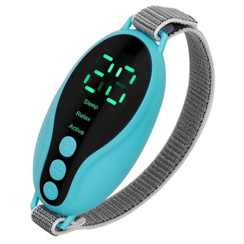 Blue and white USB rechargeable sleep aid device with adjustable wind speed settings