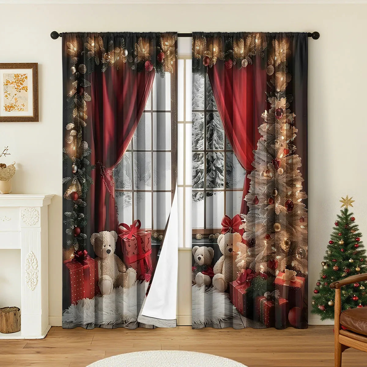 Pair of 3D digital printed polyester Christmas curtains with high sunshade capability in various sizes