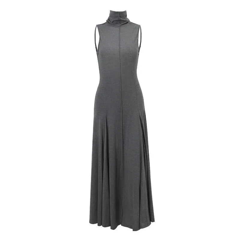 Grey slim-fit backless dress with a half turtleneck and high waist