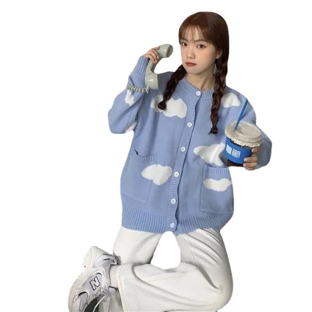 Blue cloud pattern women's loose spandex cardigan with long sleeves for autumn winter wear