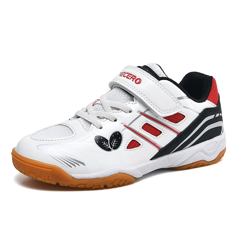 White and blue breathable badminton shoes with ribbed sole and round toe