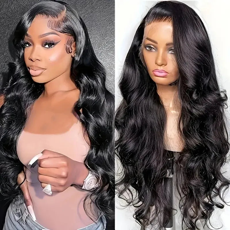 A black long wig with big waves and a lace front hairline, displayed on a mannequin head.