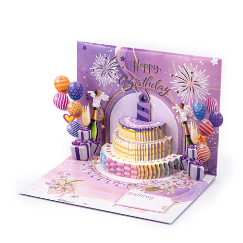 Open 3D greeting card with Chinese ink style cake design, showing hand-folded paper dimensions of 15cm by 20cm.
