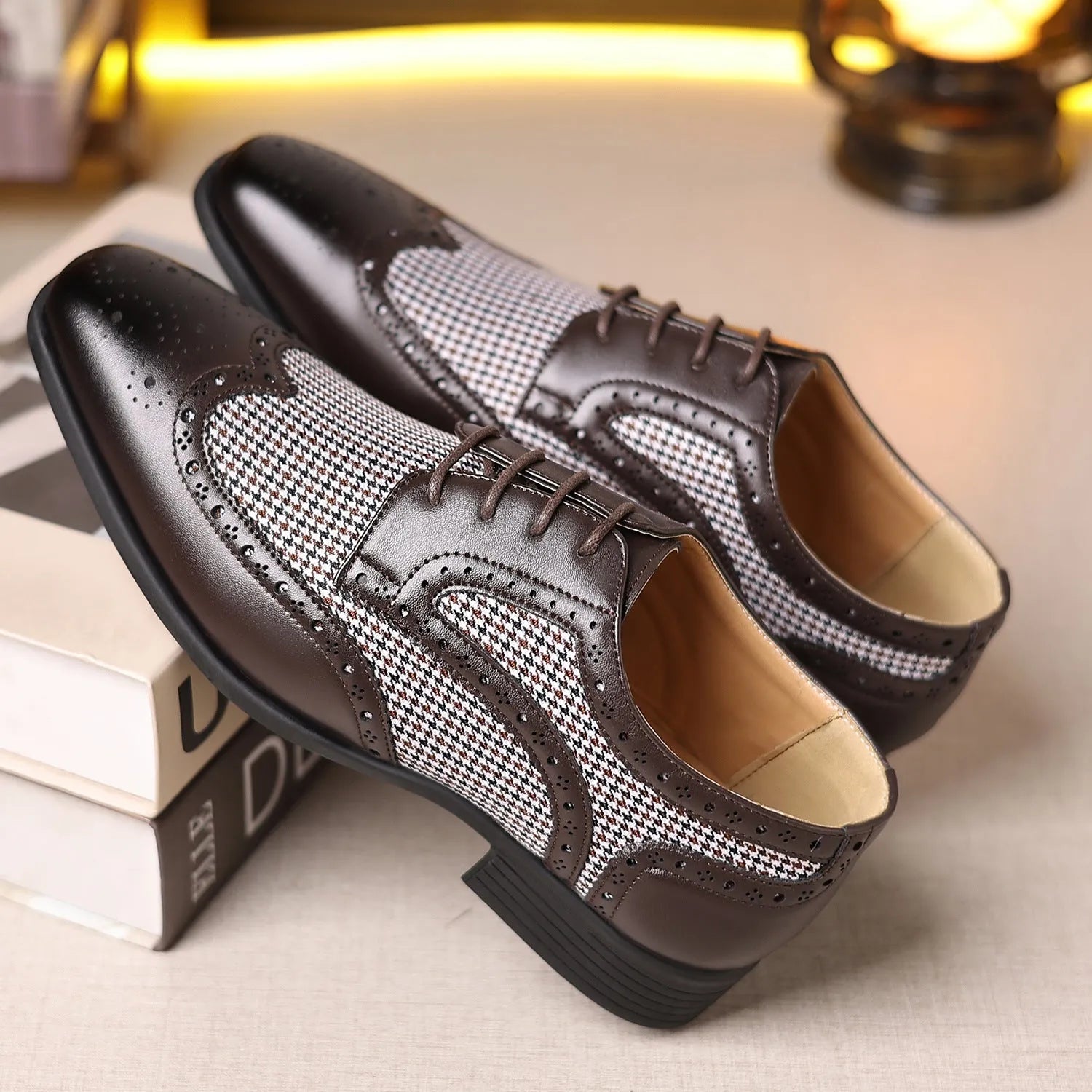 Men's black imitation houndstooth pattern casual canvas shoes with square toe and lace-up front.