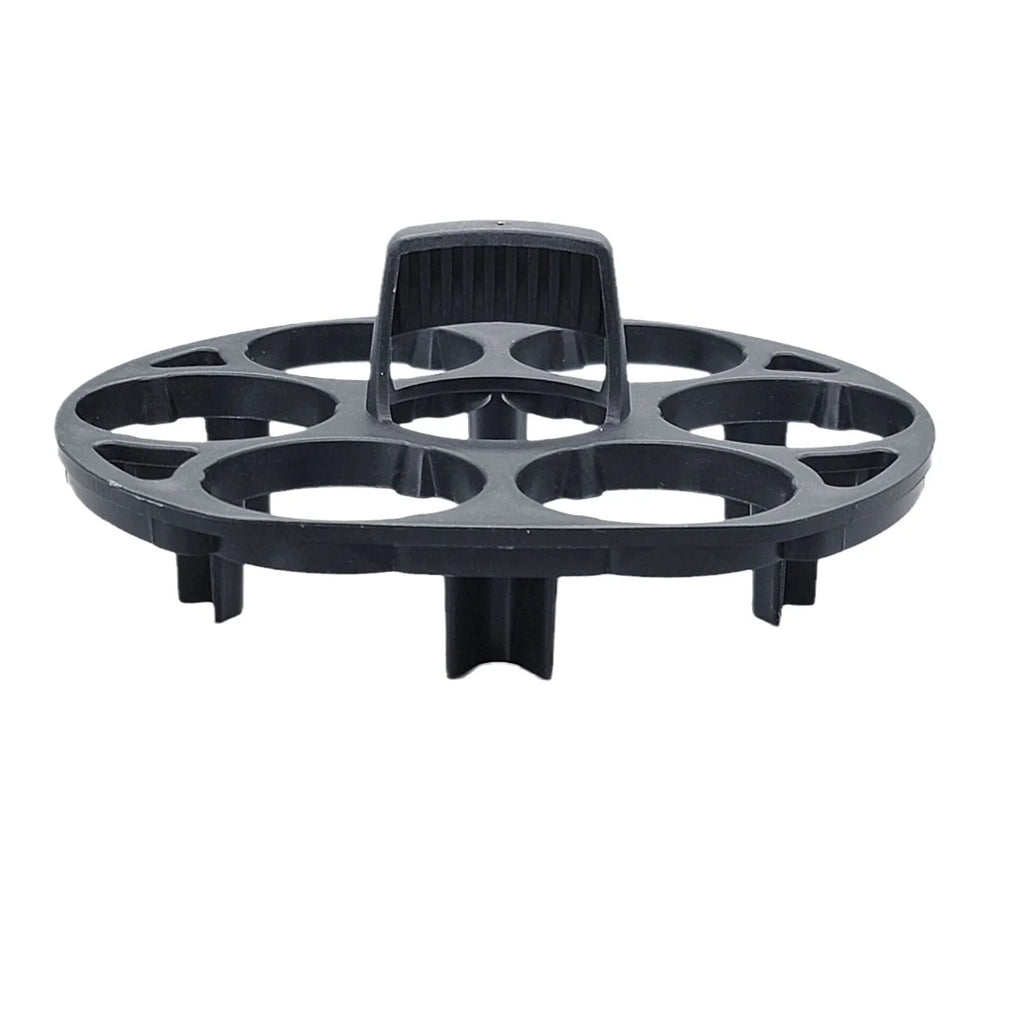 Black plastic egg holder basket with dimensions 13.8 by 12.6 cm.